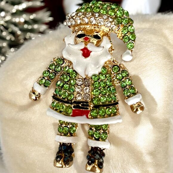 Sparkly Santa Claus Brooch Pin Necklace Pendant, Gold Plated Enamel GREEN - Picture 1 of 8